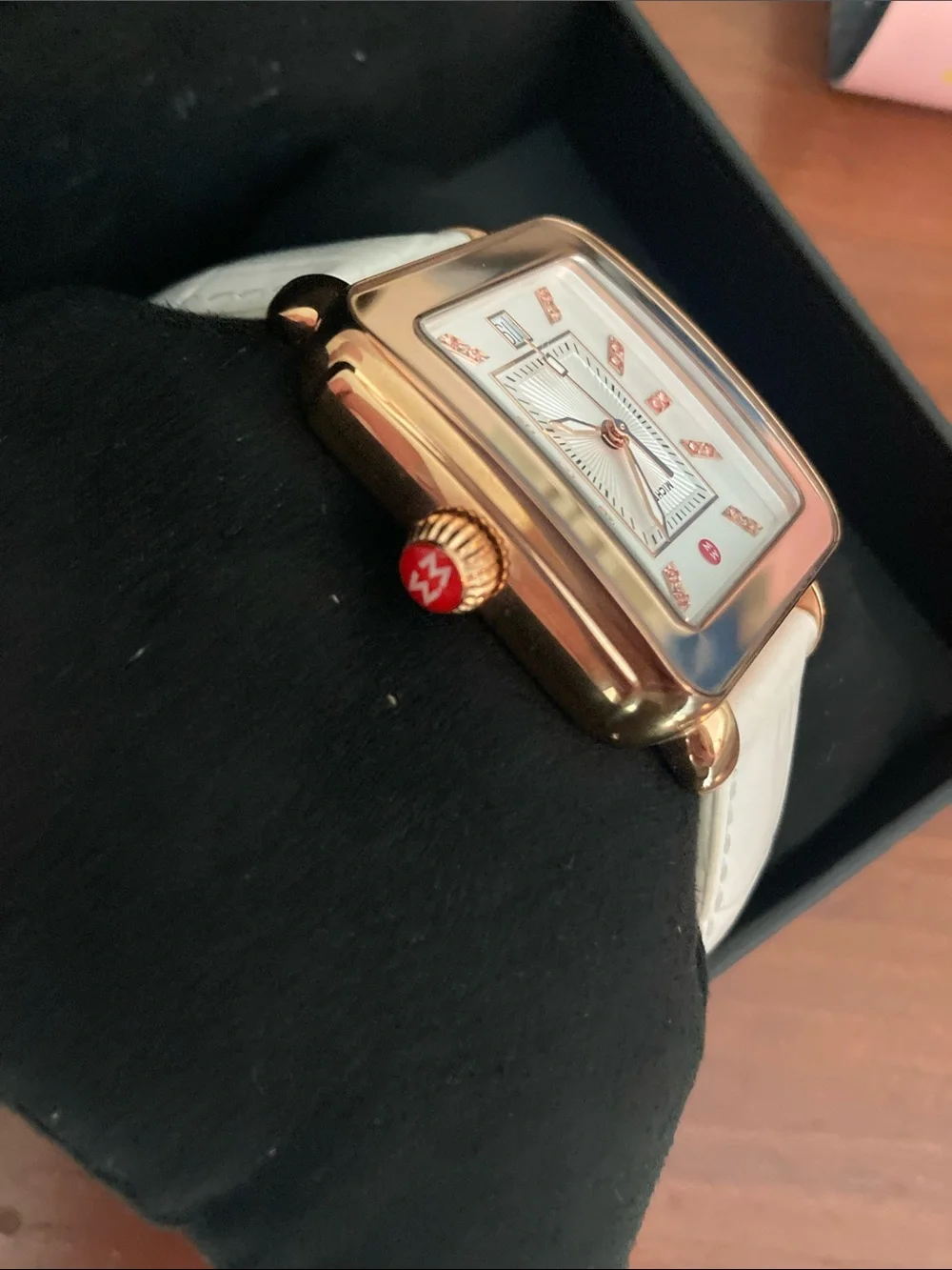 Michele Rose Gold Square Watch with White Strap and Pink Accents